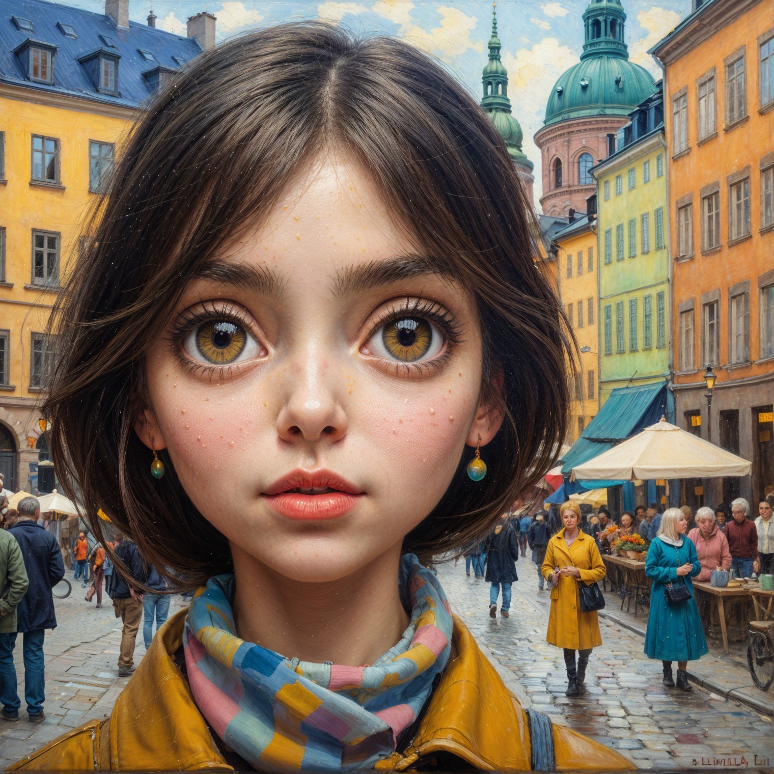 Vibrant Street Scene with Young Girl in Yellow Coat