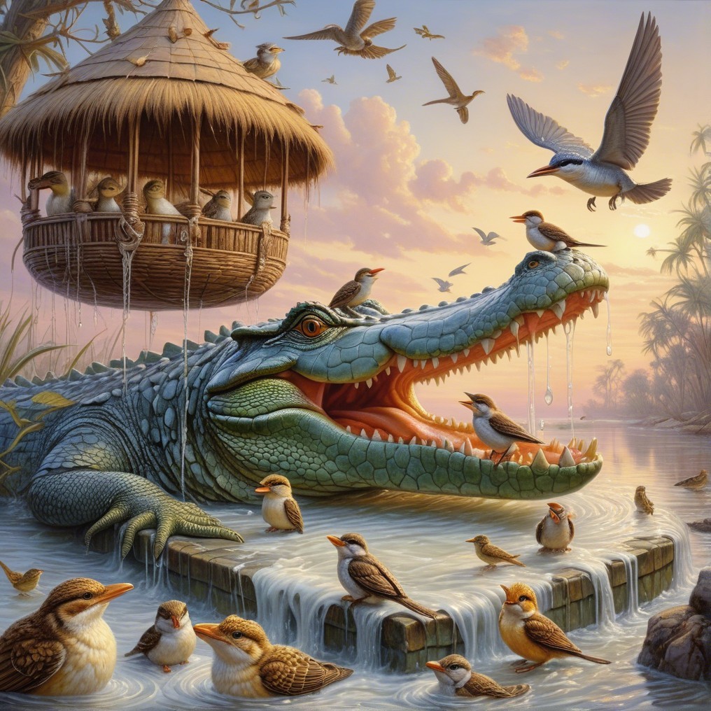 Crocodile in Swamp with Birds and Sunset Background