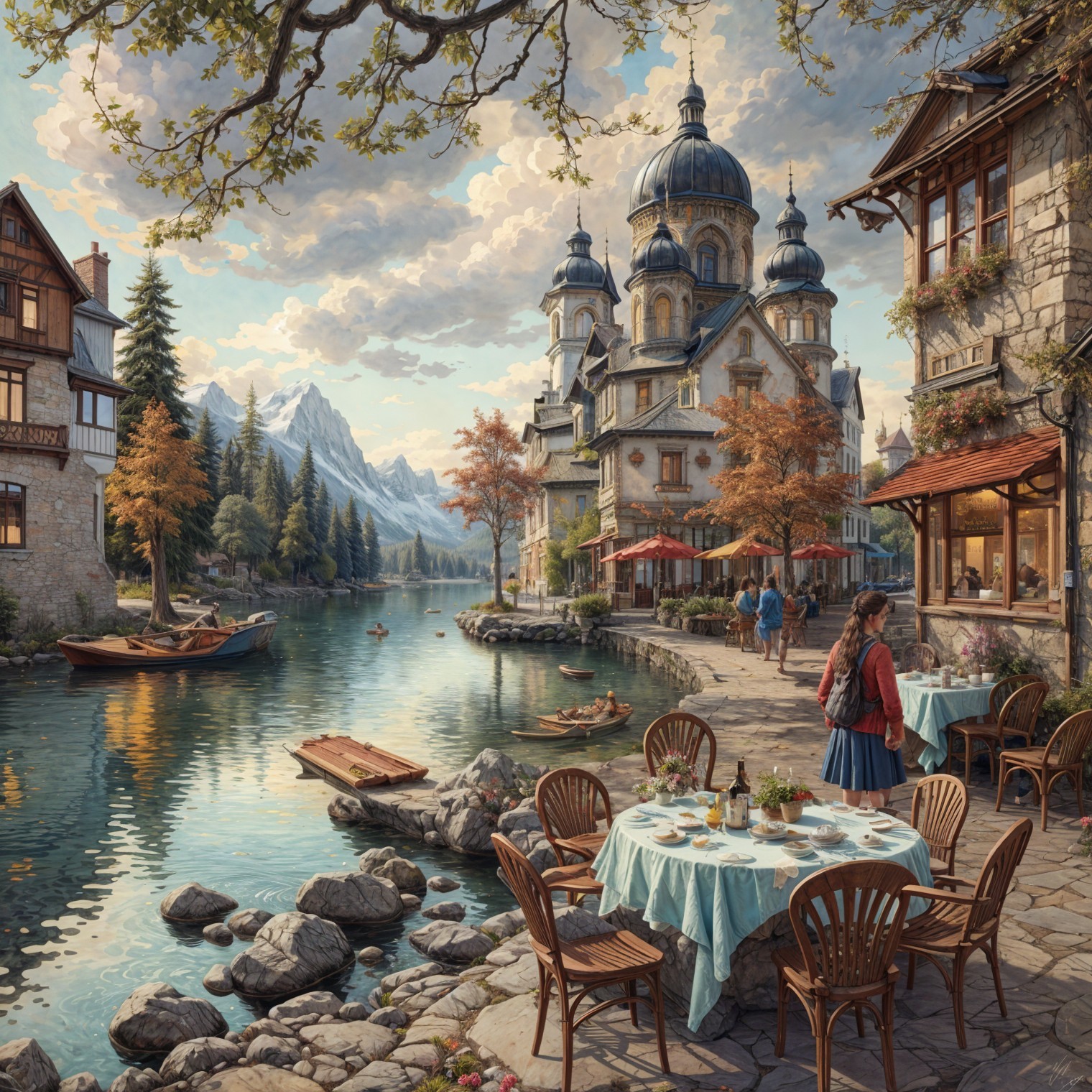 Lakeside Town with Elegant Architecture and Scenic Views