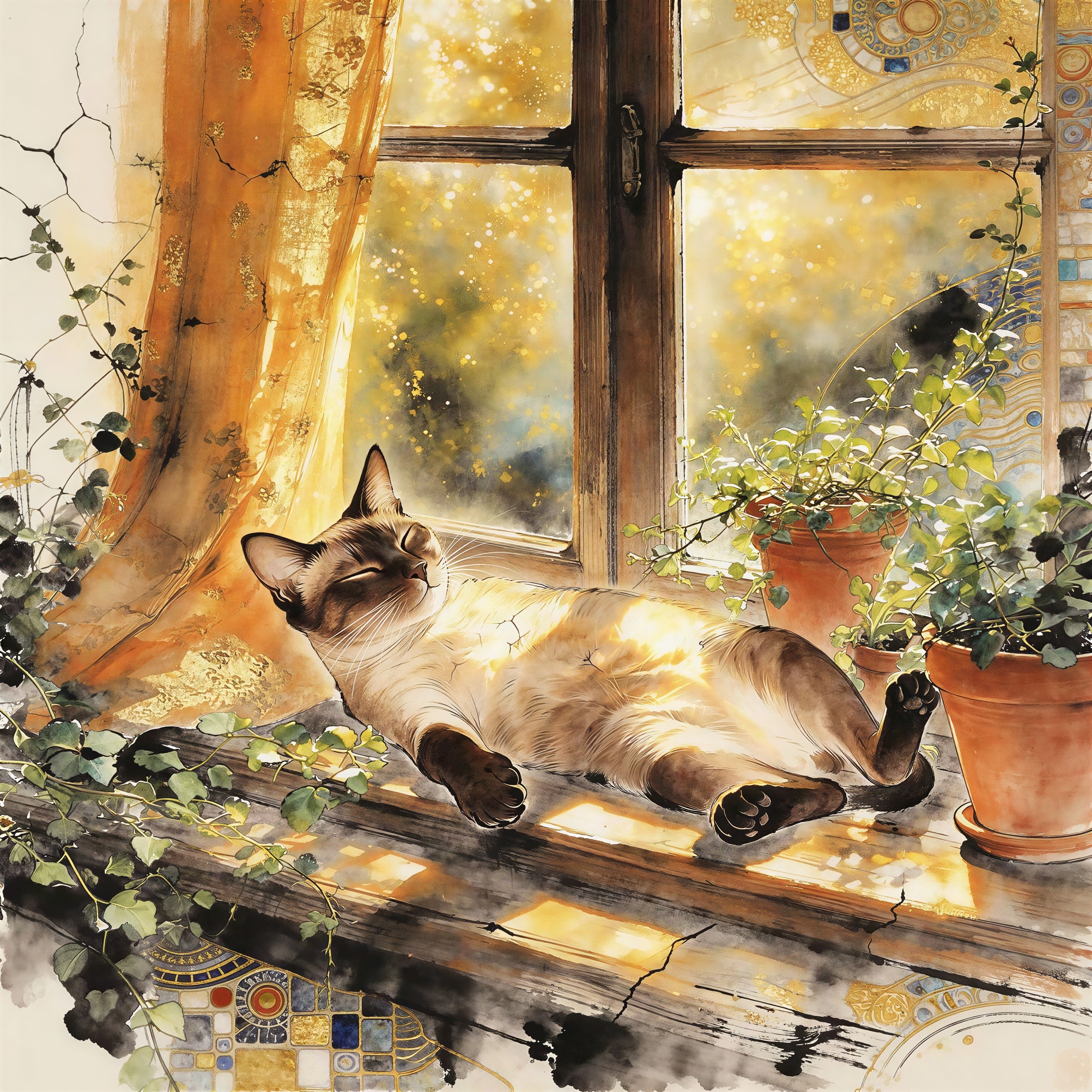 Fluffy Siamese Cat Relaxing on Window Sill in Sunlight