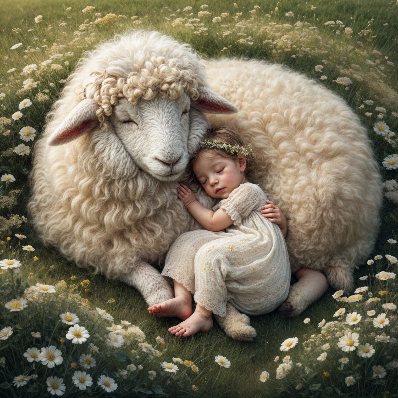 Serene Meadow with Sheep and Sleeping Child