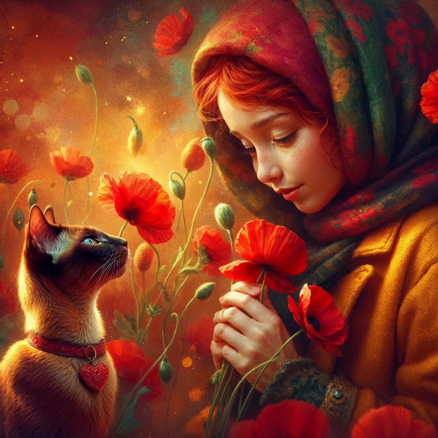 Young girl with red hair and Siamese cat in poppies