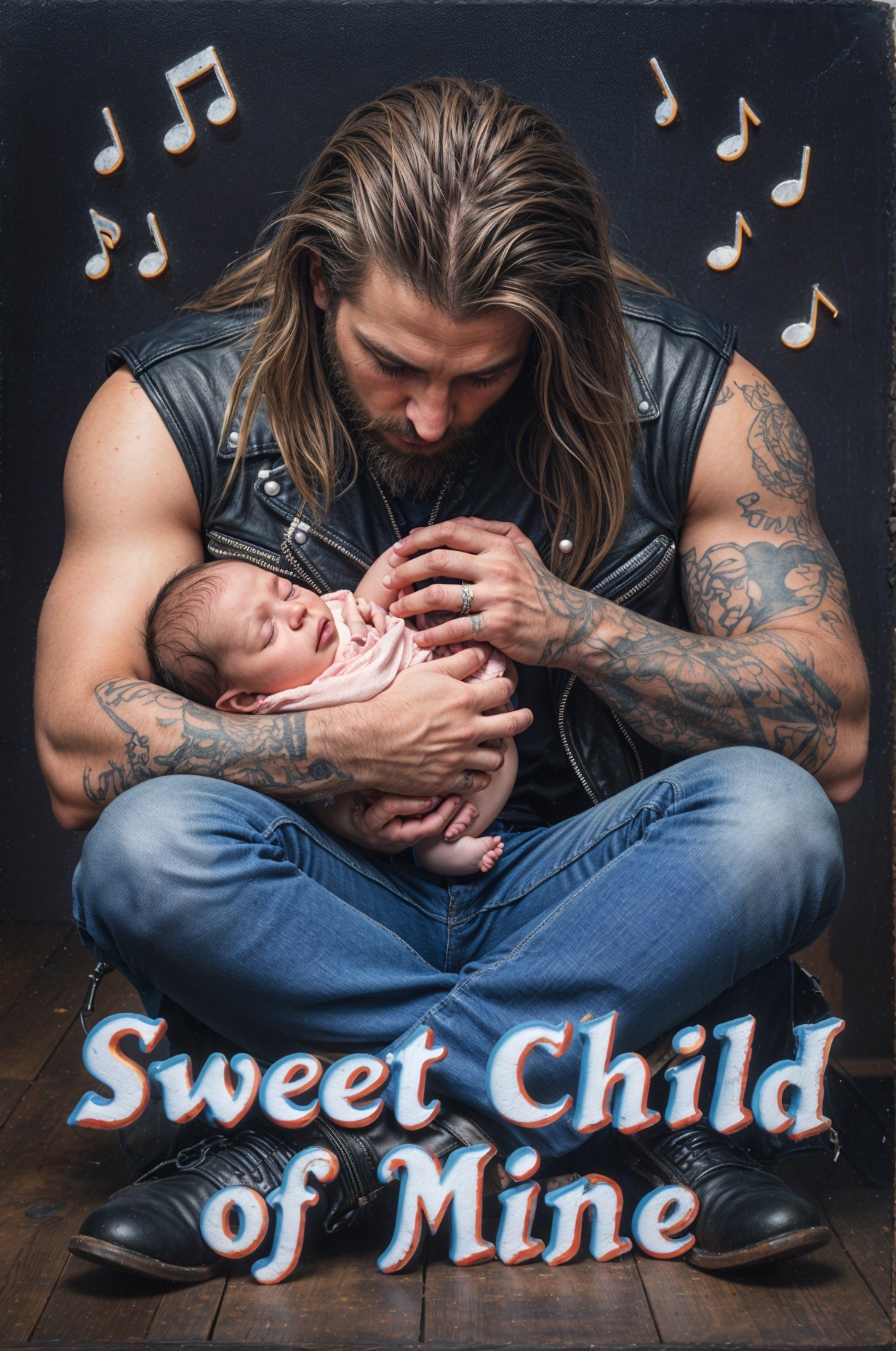Tattooed Man Holding Sleeping Baby on Wooden Floor