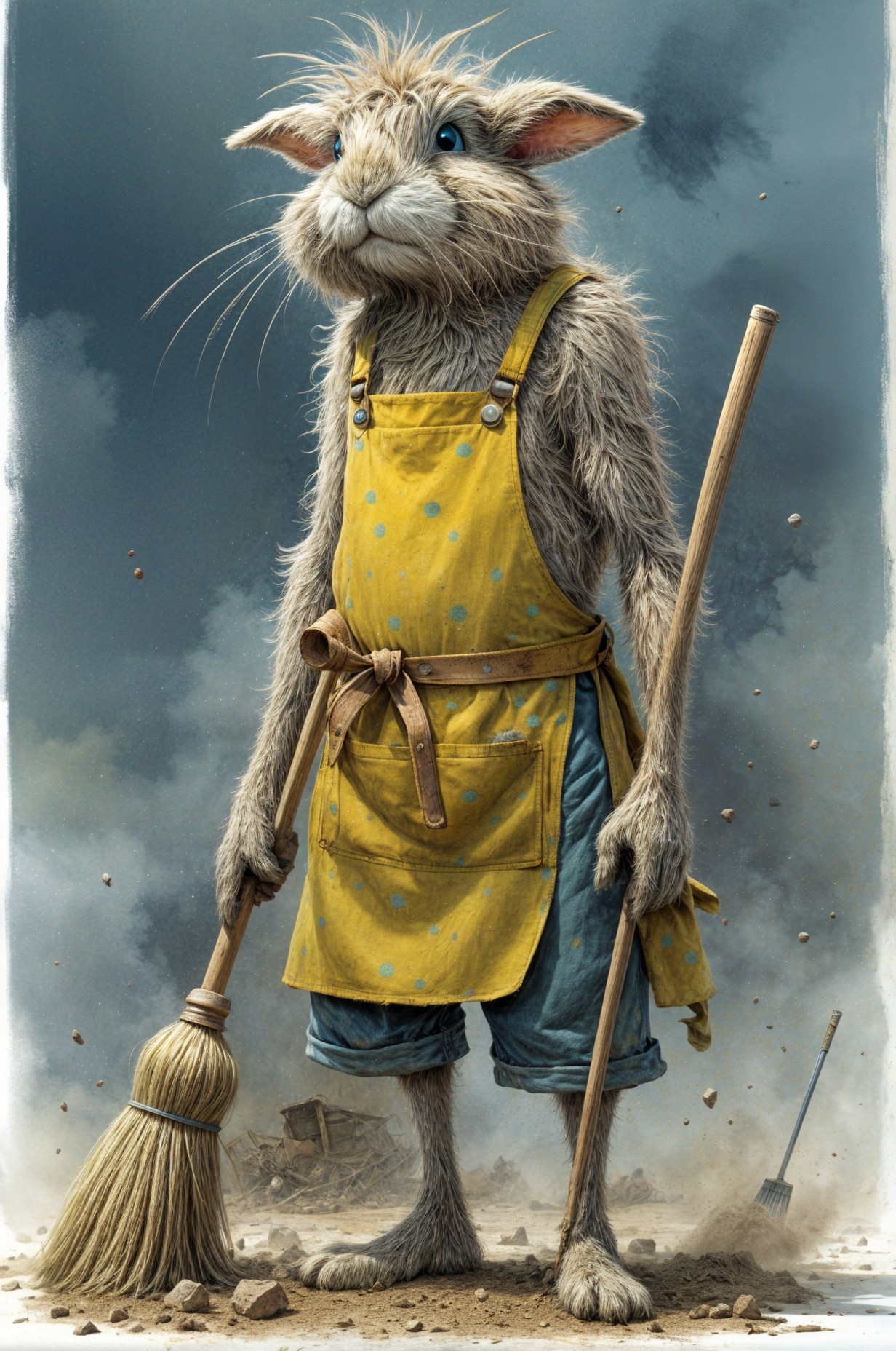 Whimsical Rabbit in Apron with Broom in Playful Scene