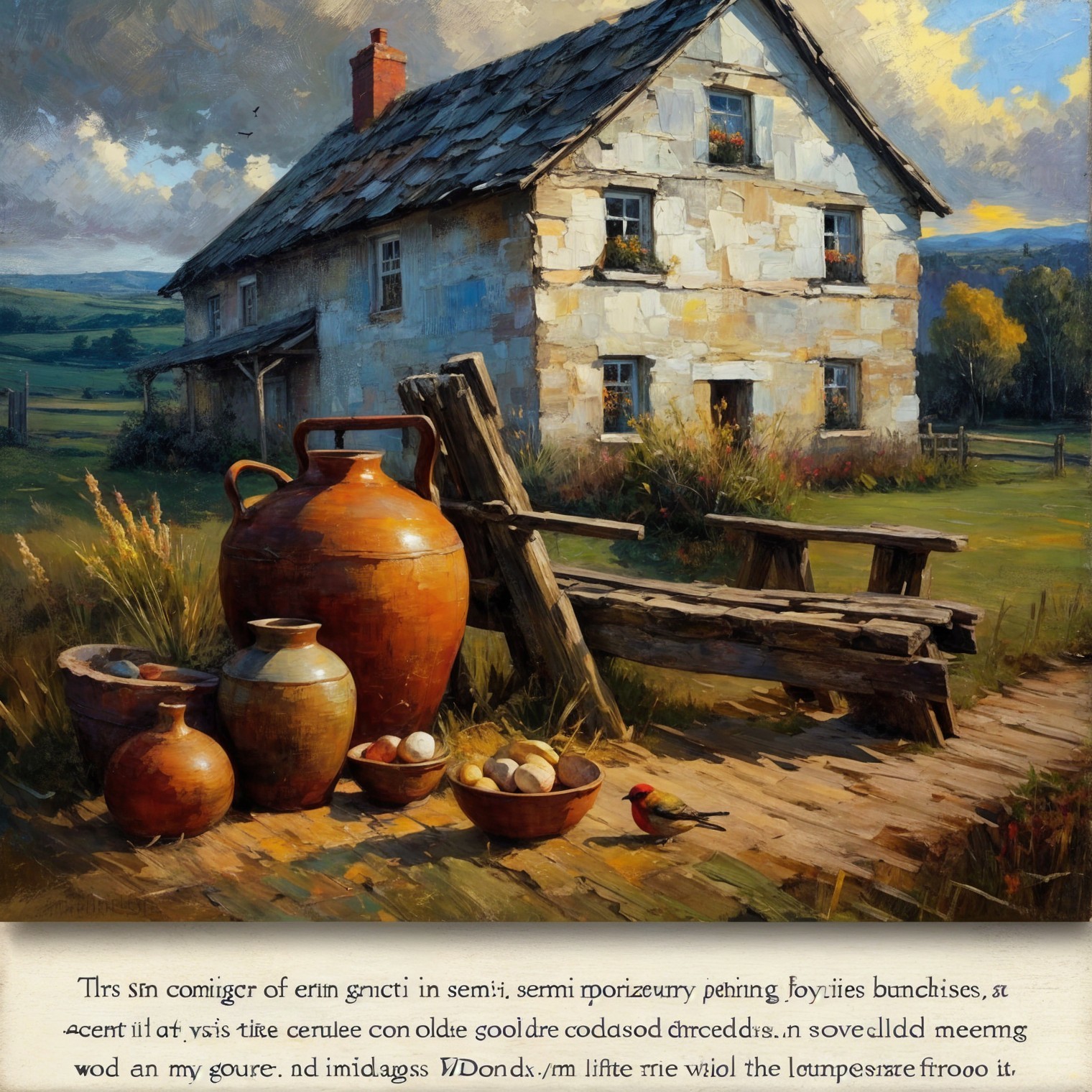Rustic Countryside Scene with Cottage and Greenery