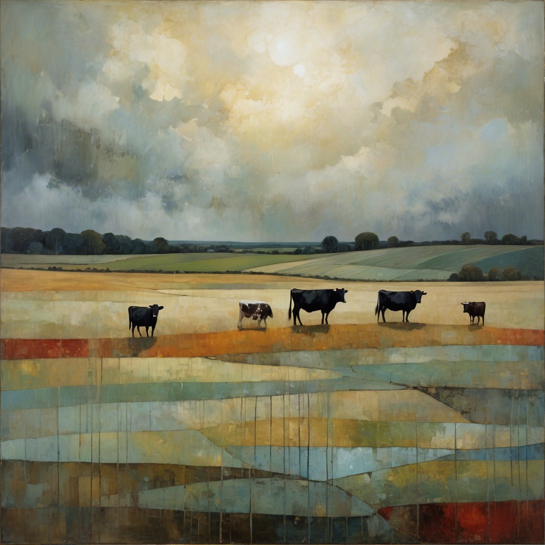 Serene Rural Landscape with Grazing Cows and Sky