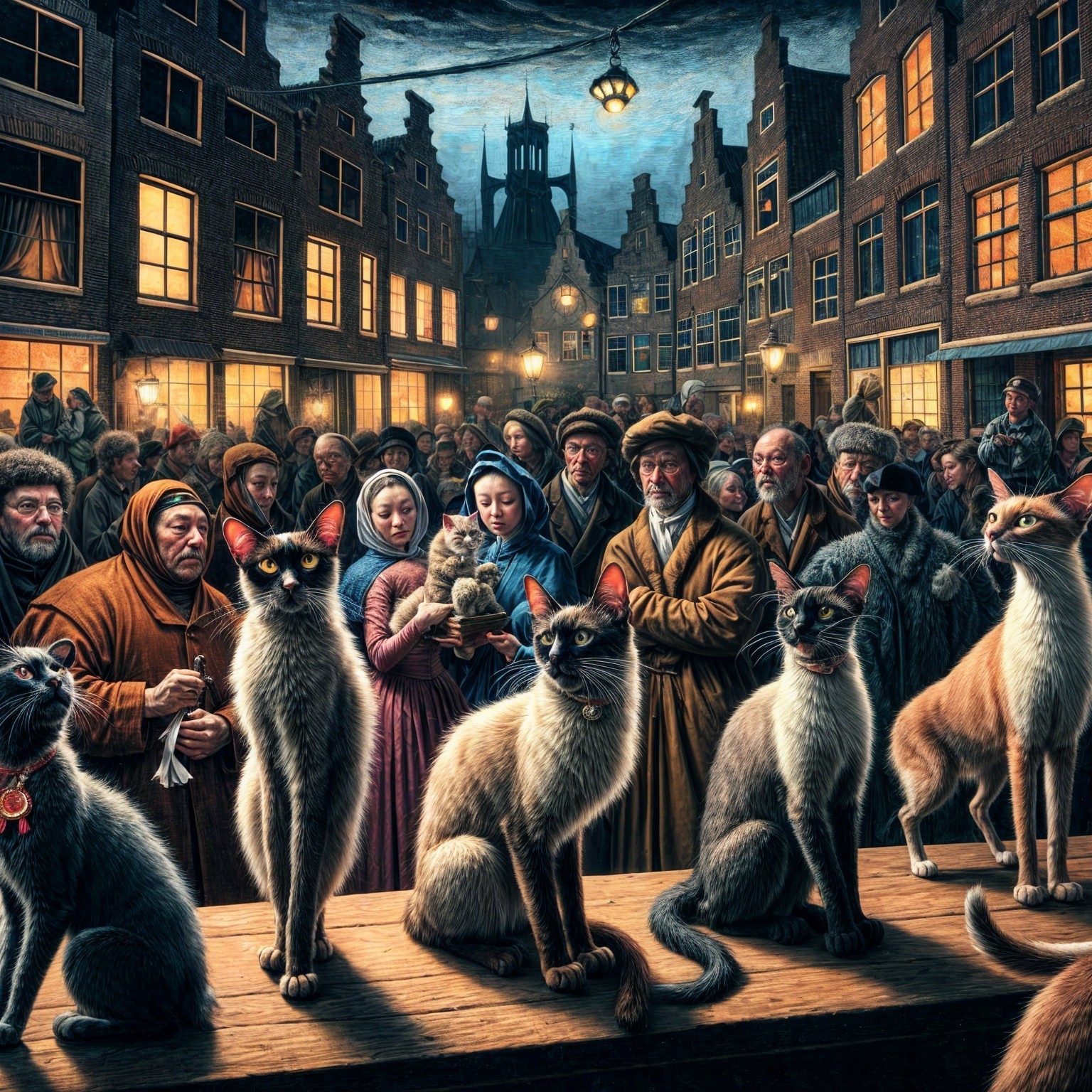 Historical Market Square with Cats and Diverse Crowd