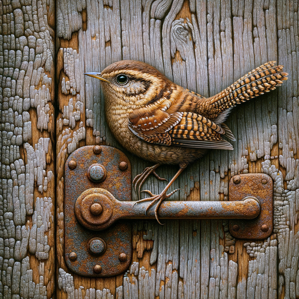 Detailed Bird on Rustic Wooden Door with Latch