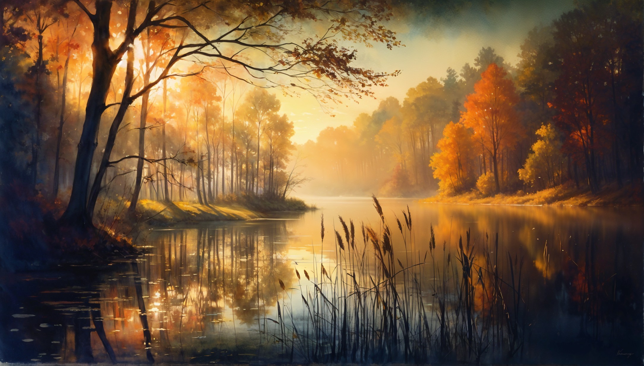 Autumn Landscape with Lake and Vibrant Foliage