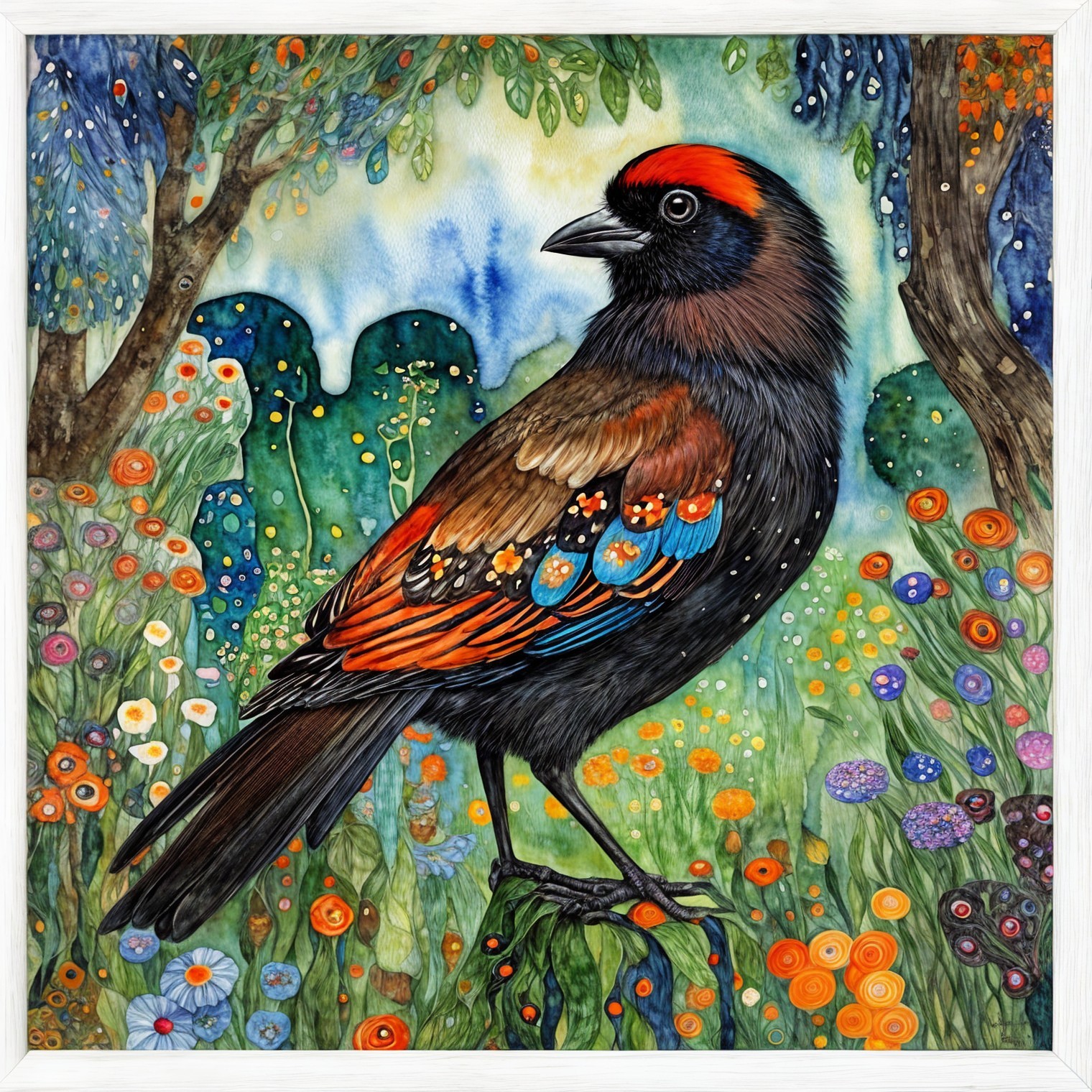 Colorful Bird in a Lush Garden Illustration