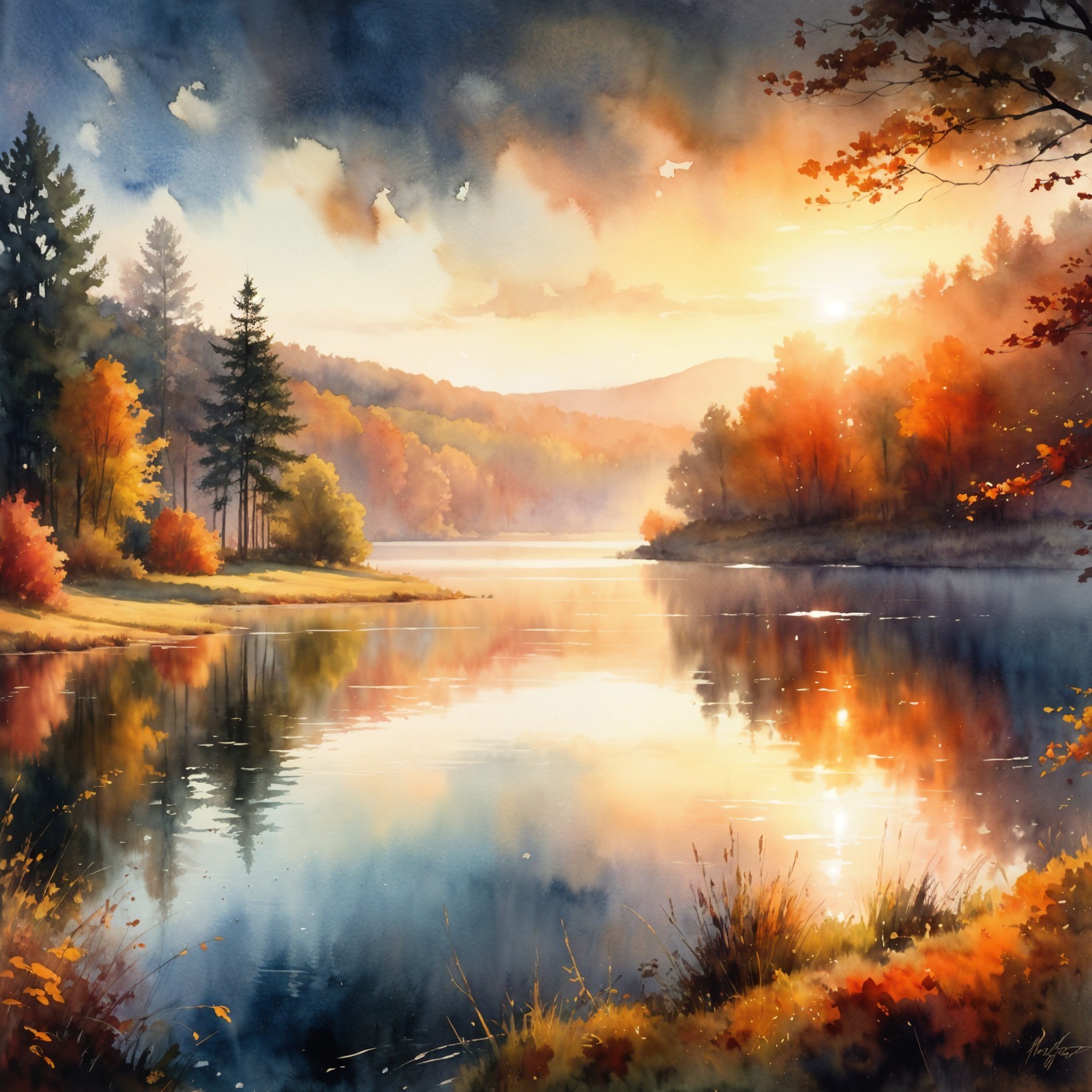 Tranquil Lake and Autumn Landscape at Sunset