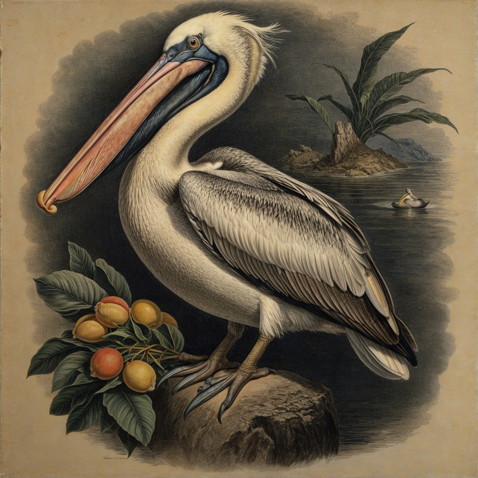 Detailed Pelican on Rock with Tropical Background