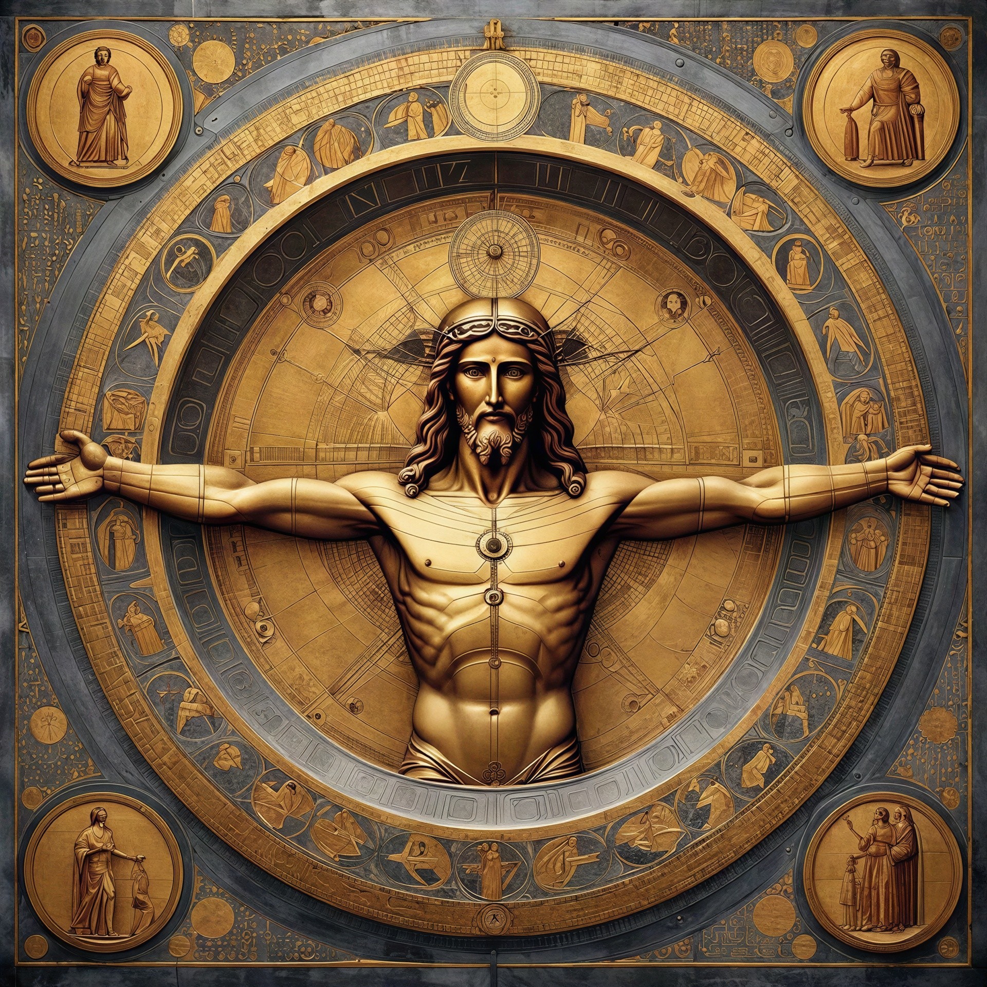 Golden Sculpture of Jesus in Intricate Circular Design
