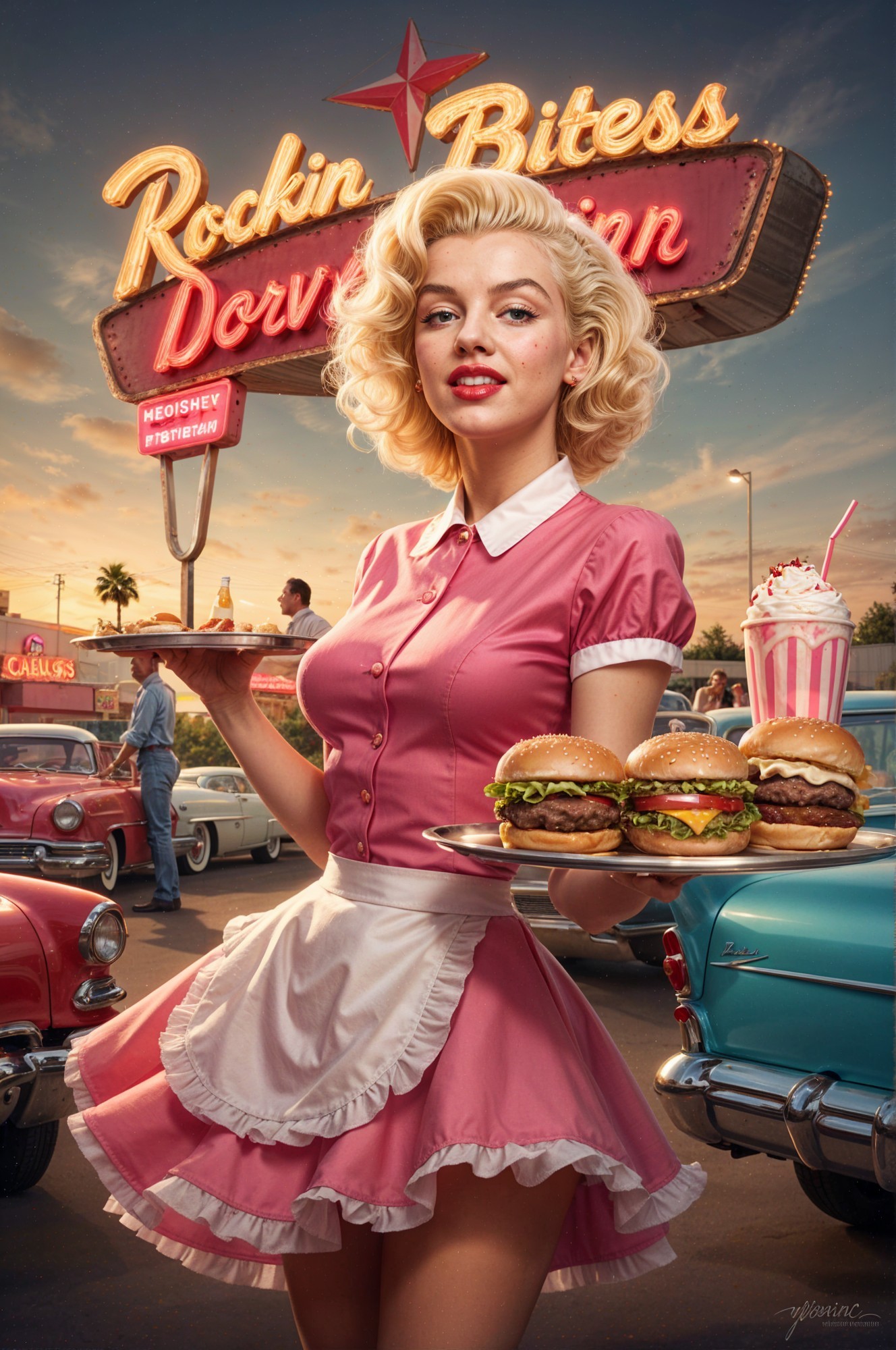 Retro Diner Scene with Waitress and Classic Cars