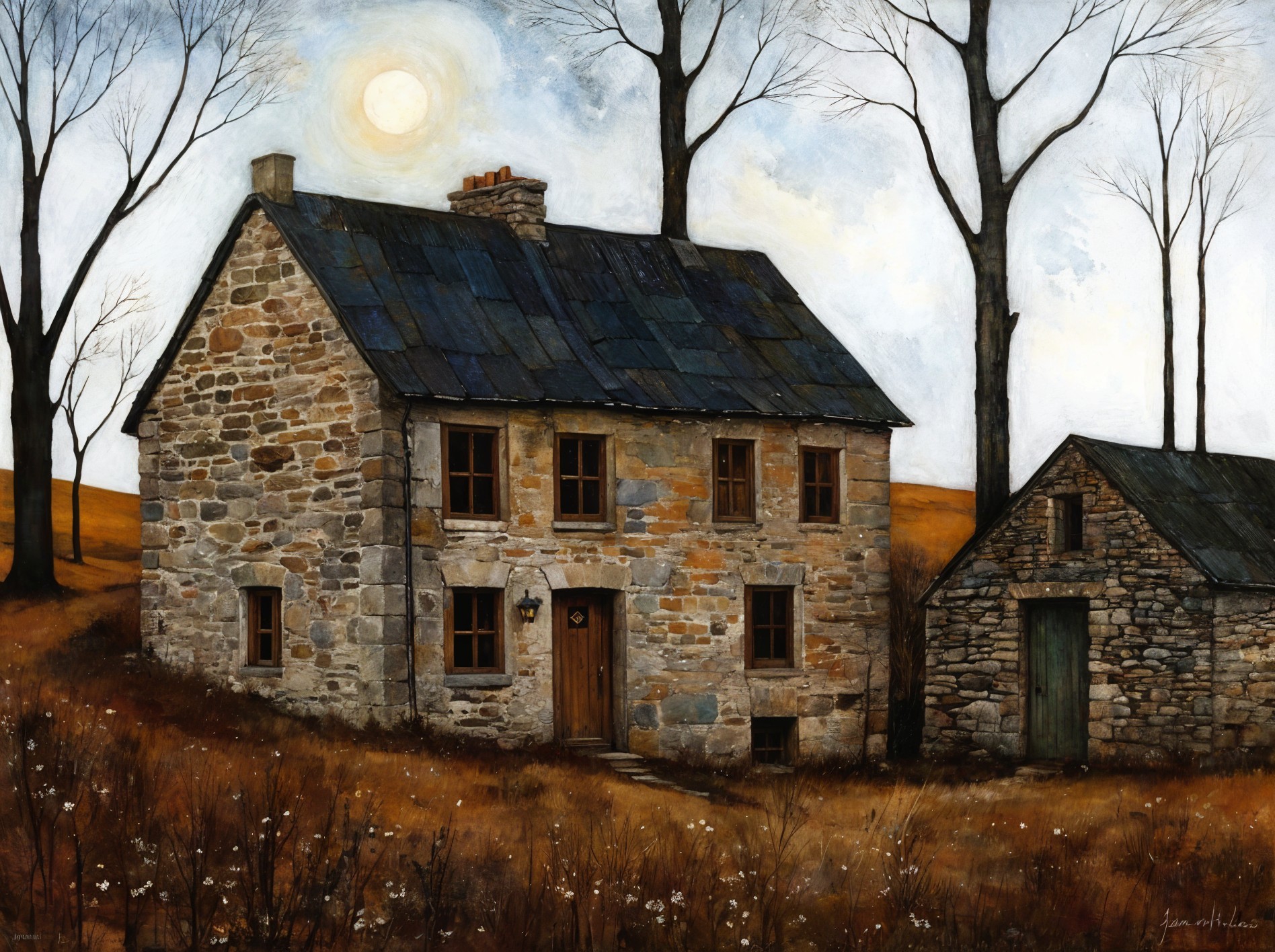 Rustic stone house in serene landscape with wildflowers