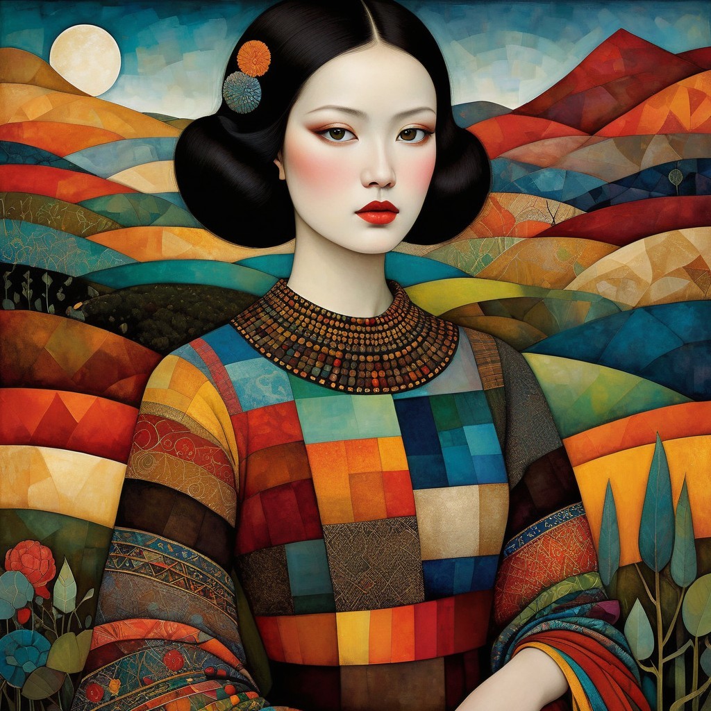 Portrait of a Woman in Colorful Dress and Scenic Landscape