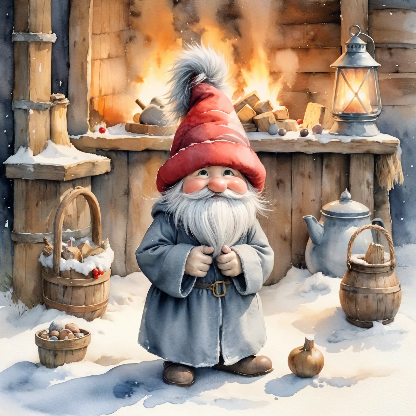 Cheerful Gnome by Fireplace in Cozy Winter Scene