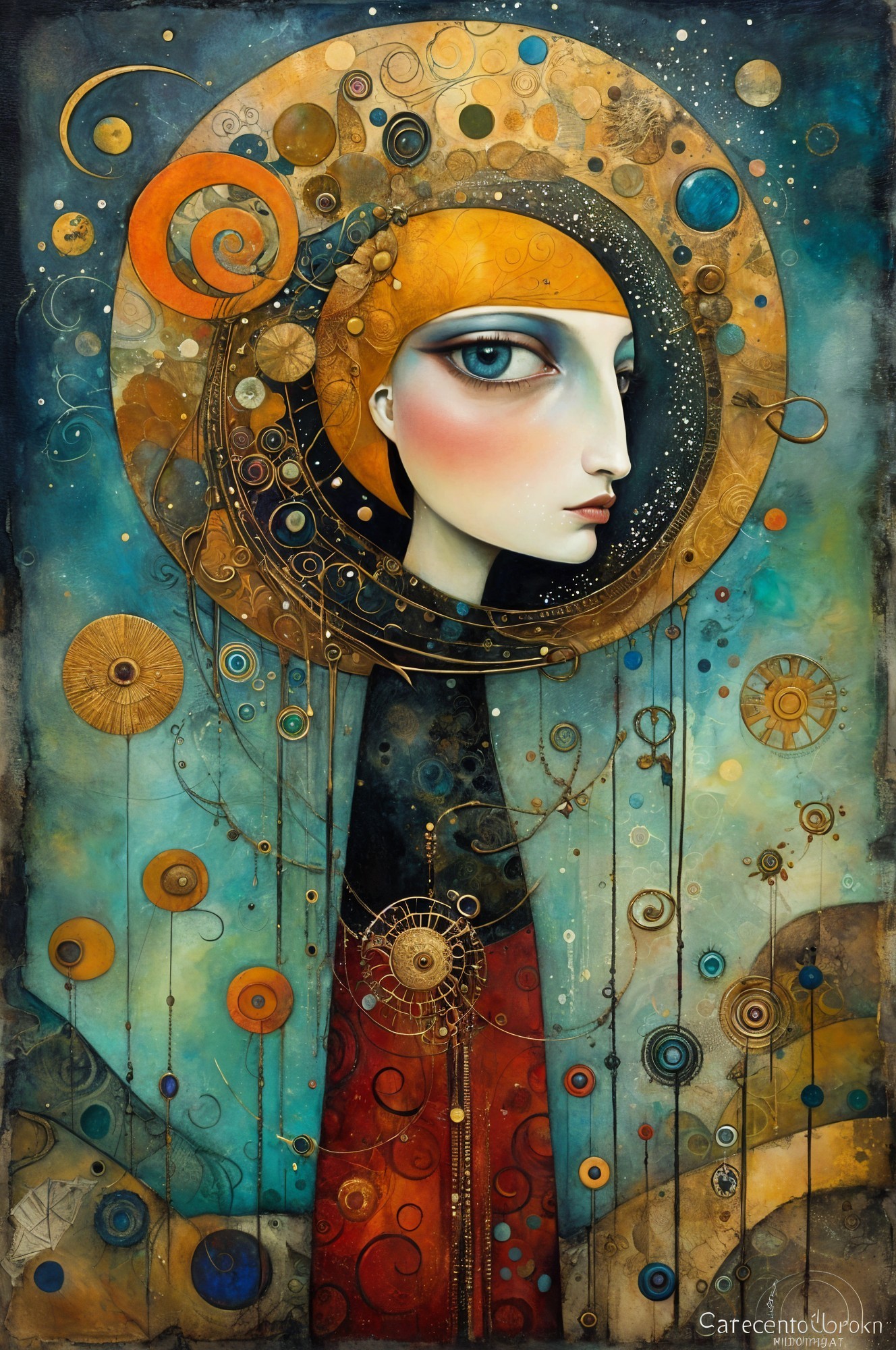 Stylized Figure with Intricate Patterns and Colors