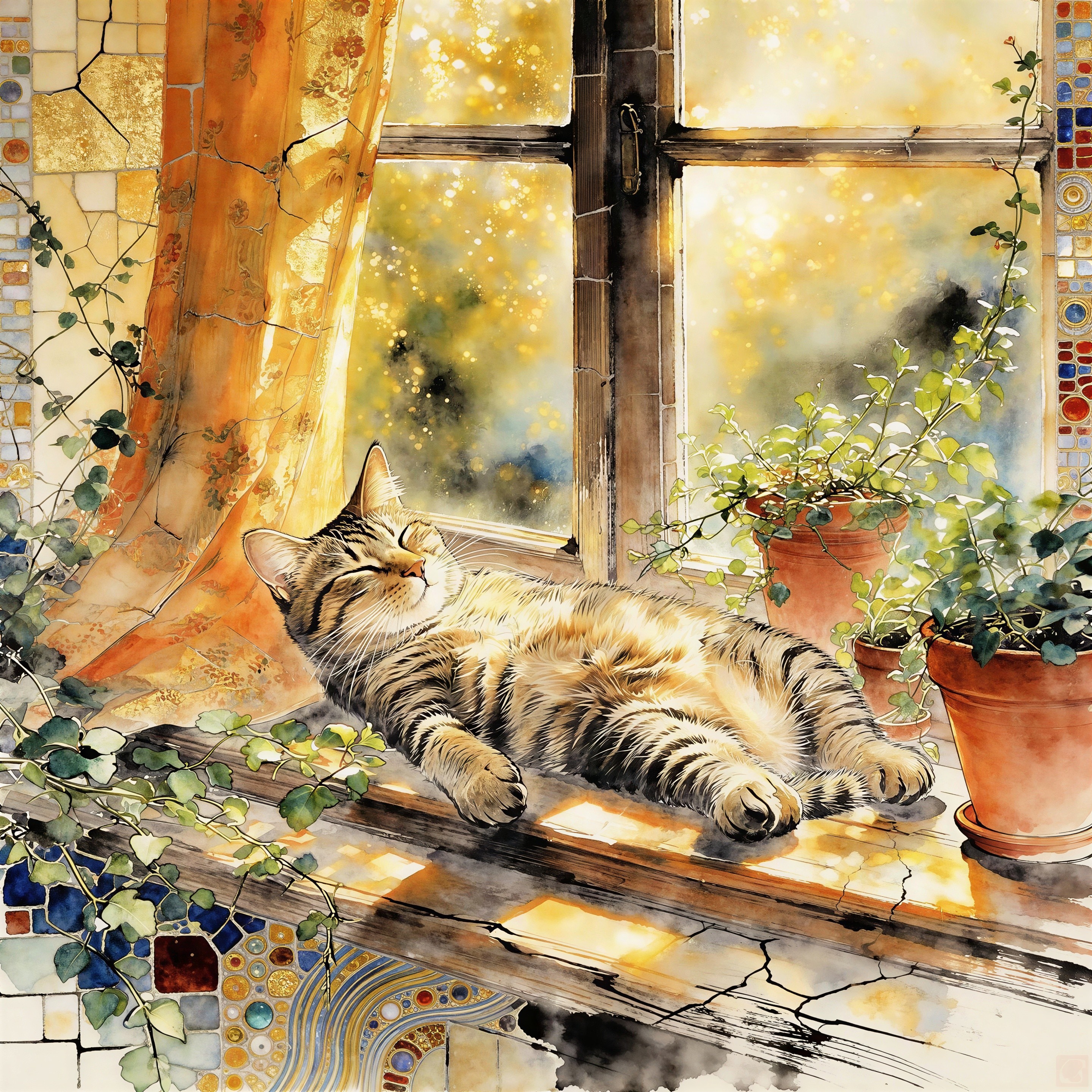 Watercolor of a Tabby Cat on a Sunny Windowsill