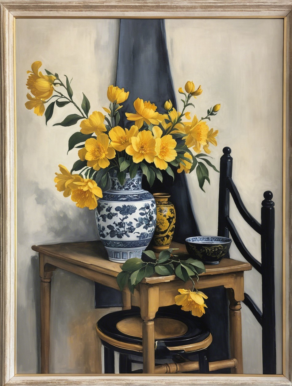 Vibrant Yellow Flowers in Blue and White Vase Still Life