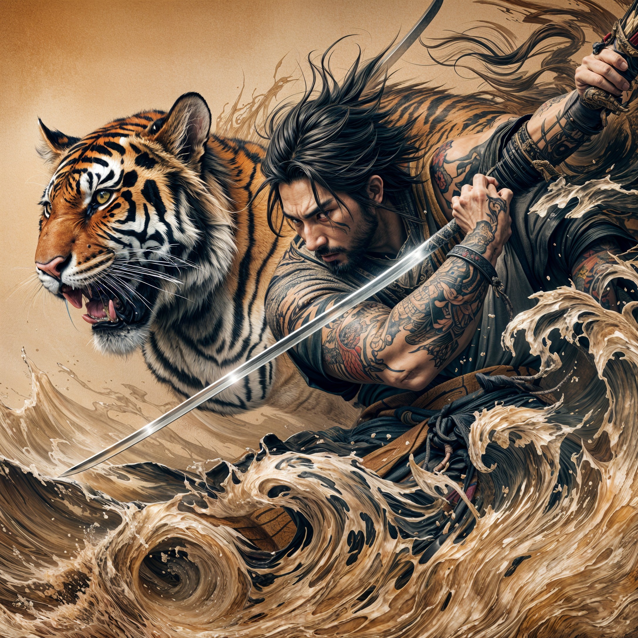 Warrior with Tattoos and Tiger in Dramatic Waves