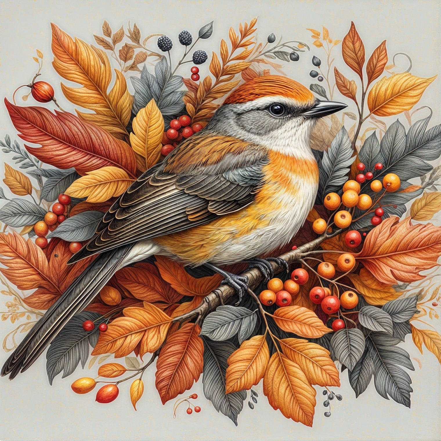 Illustration of a Bird Among Autumn Leaves and Berries