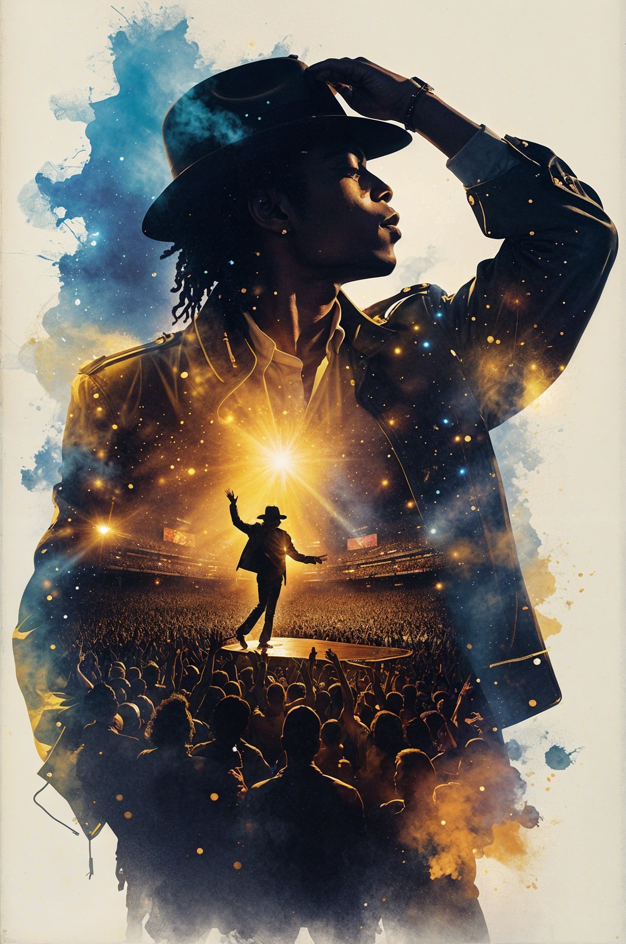 Silhouette of a Performer Against a Colorful Crowd