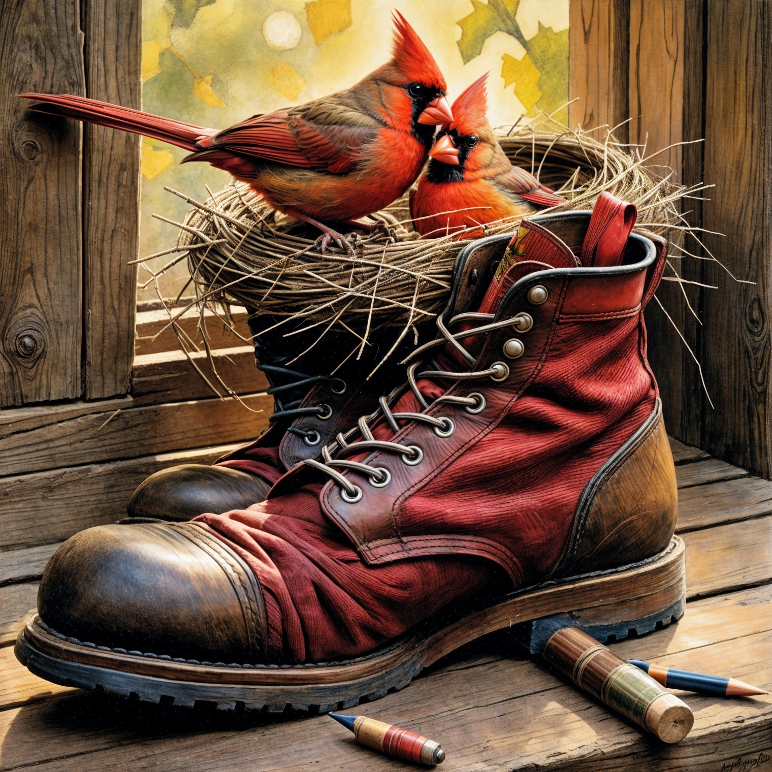Worn Red Work Boots with Nest of Cardinals on Floor