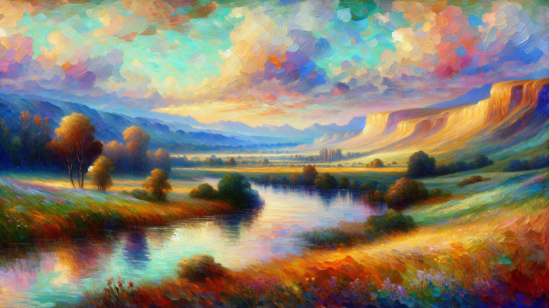 Vibrant landscape with serene river and colorful trees