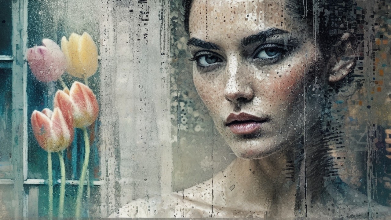 Close-Up of Woman's Face with Tulips and Soft Ambiance