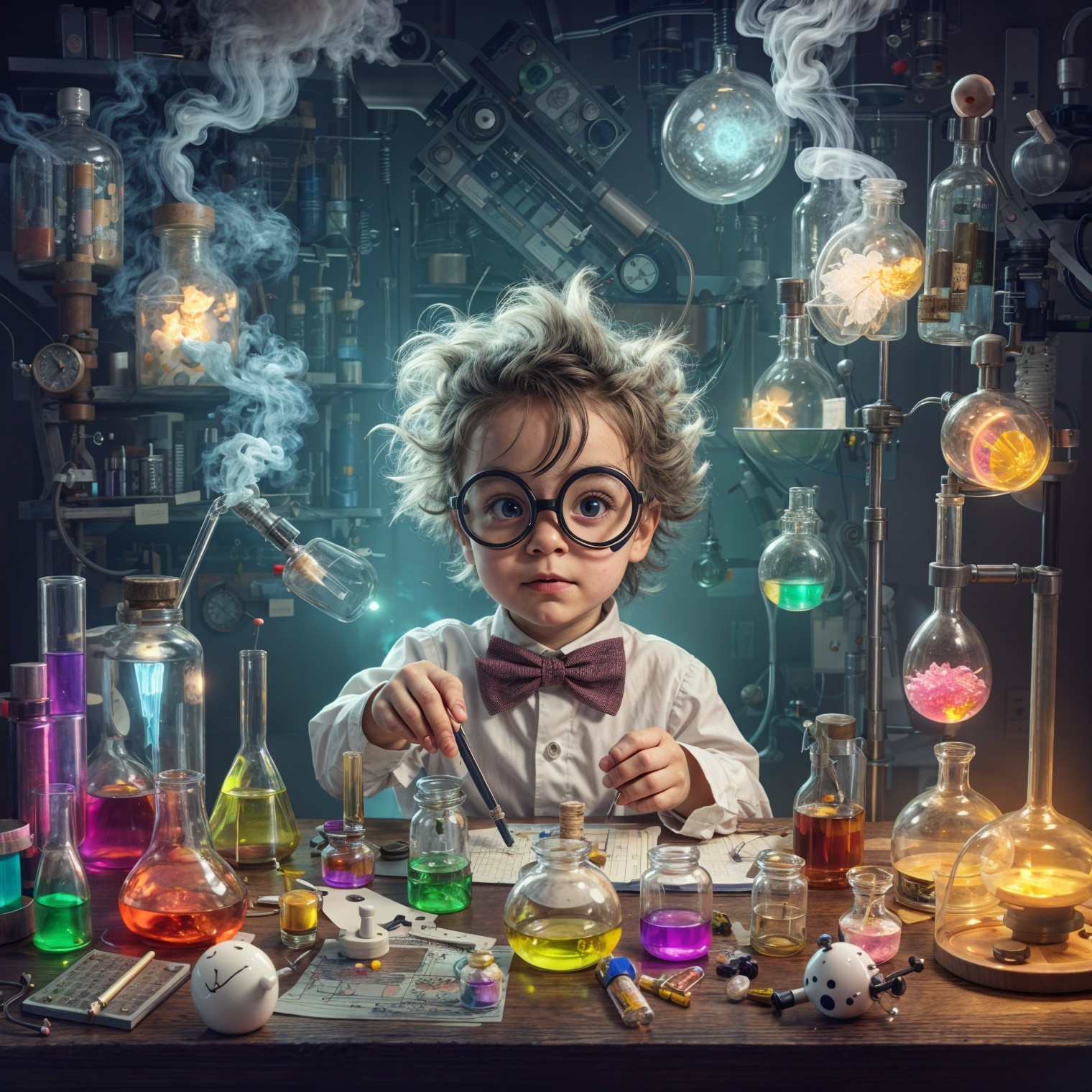 Child at a Scientific Workspace with Colorful Flasks