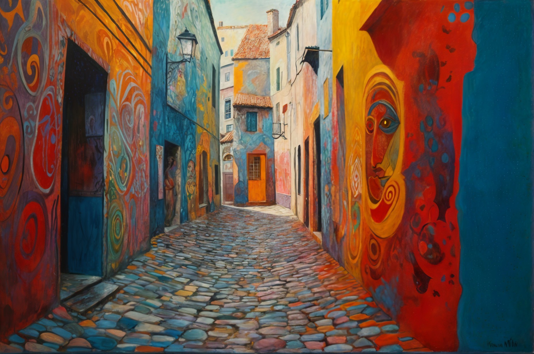 Vibrant alleyway with colorful buildings and murals