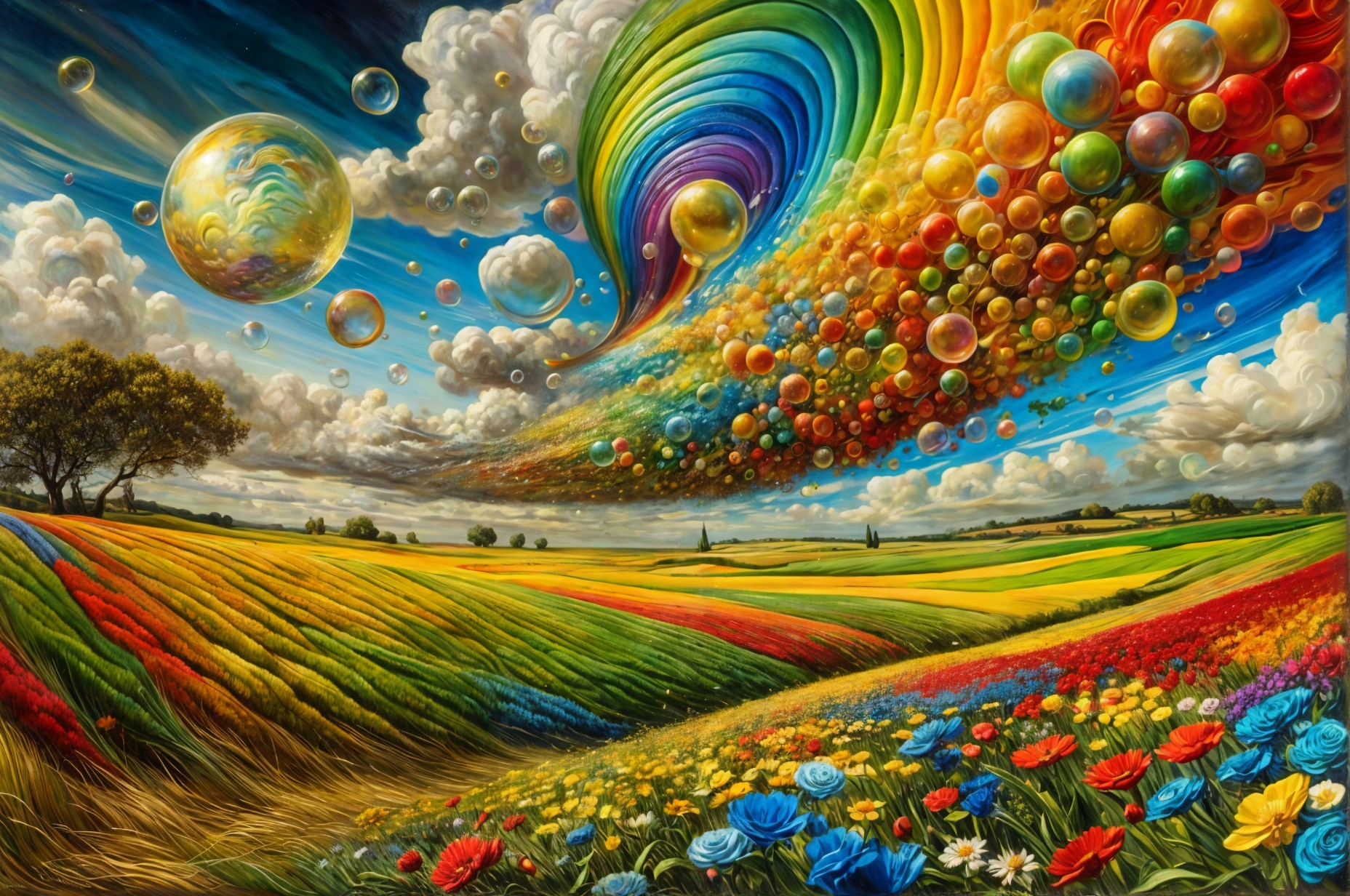 Vibrant Landscape with Colorful Fields and Bubbles