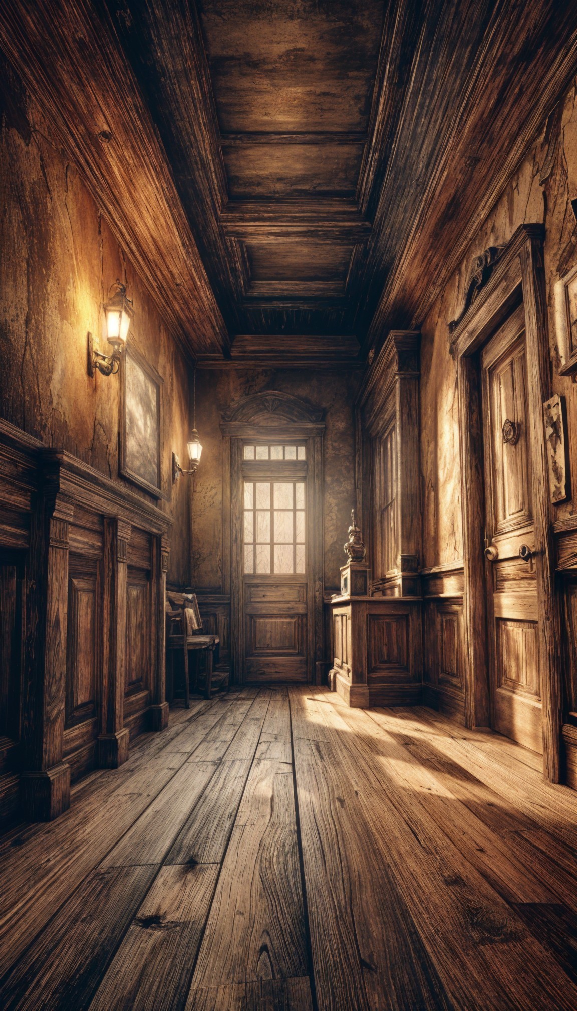 Rustic Hallway with Wooden Walls and Warm Lighting