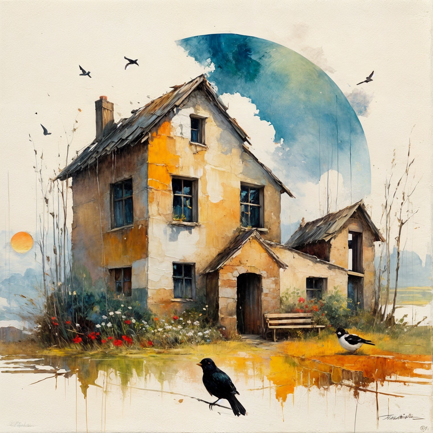 Weathered House in Tranquil Landscape with Birds