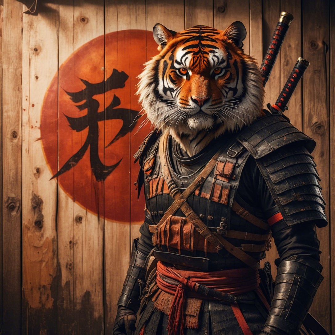 Fierce Warrior with Tiger Head in Samurai Armor