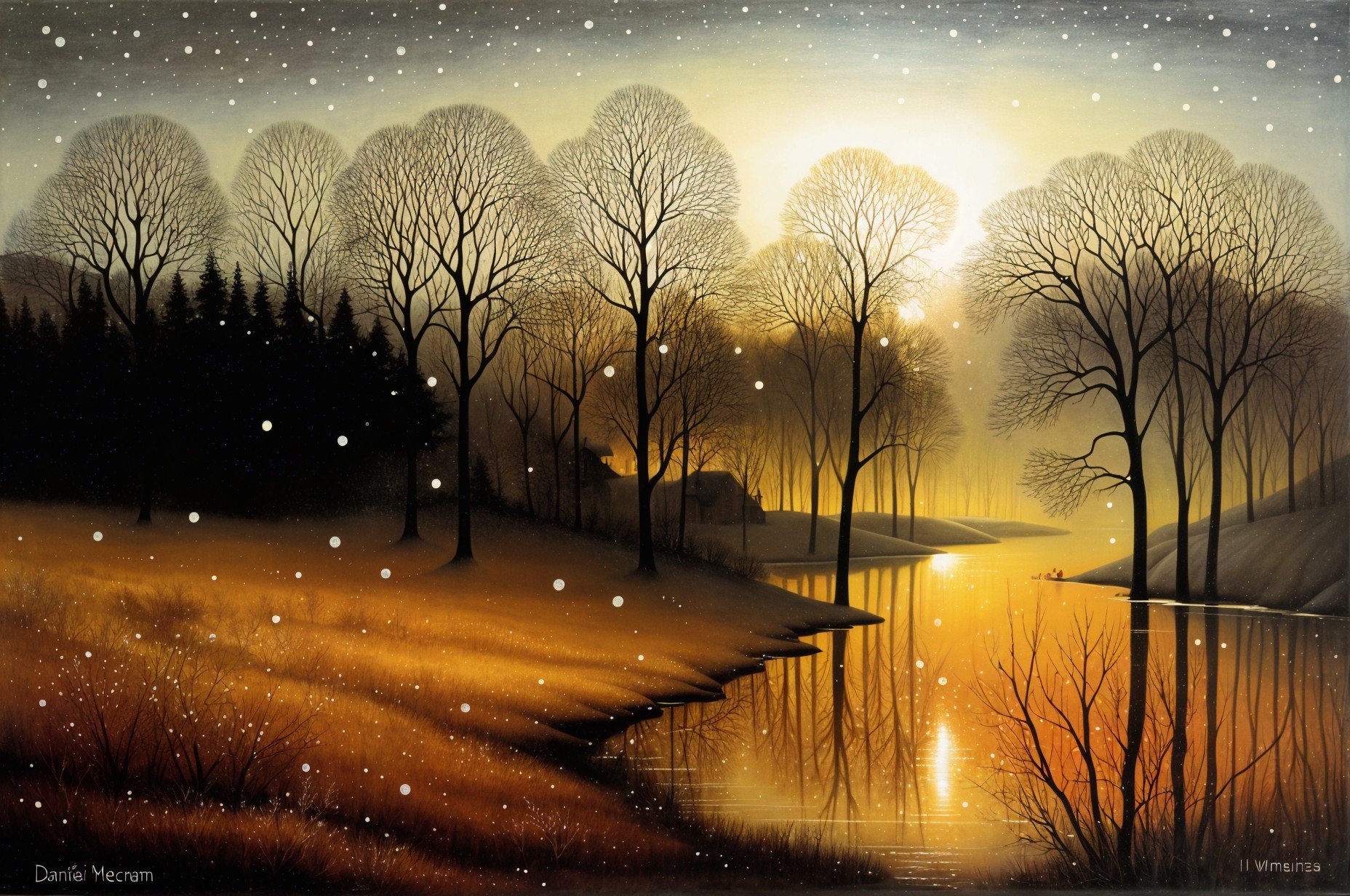 Serene winter landscape with sunset and snowflakes