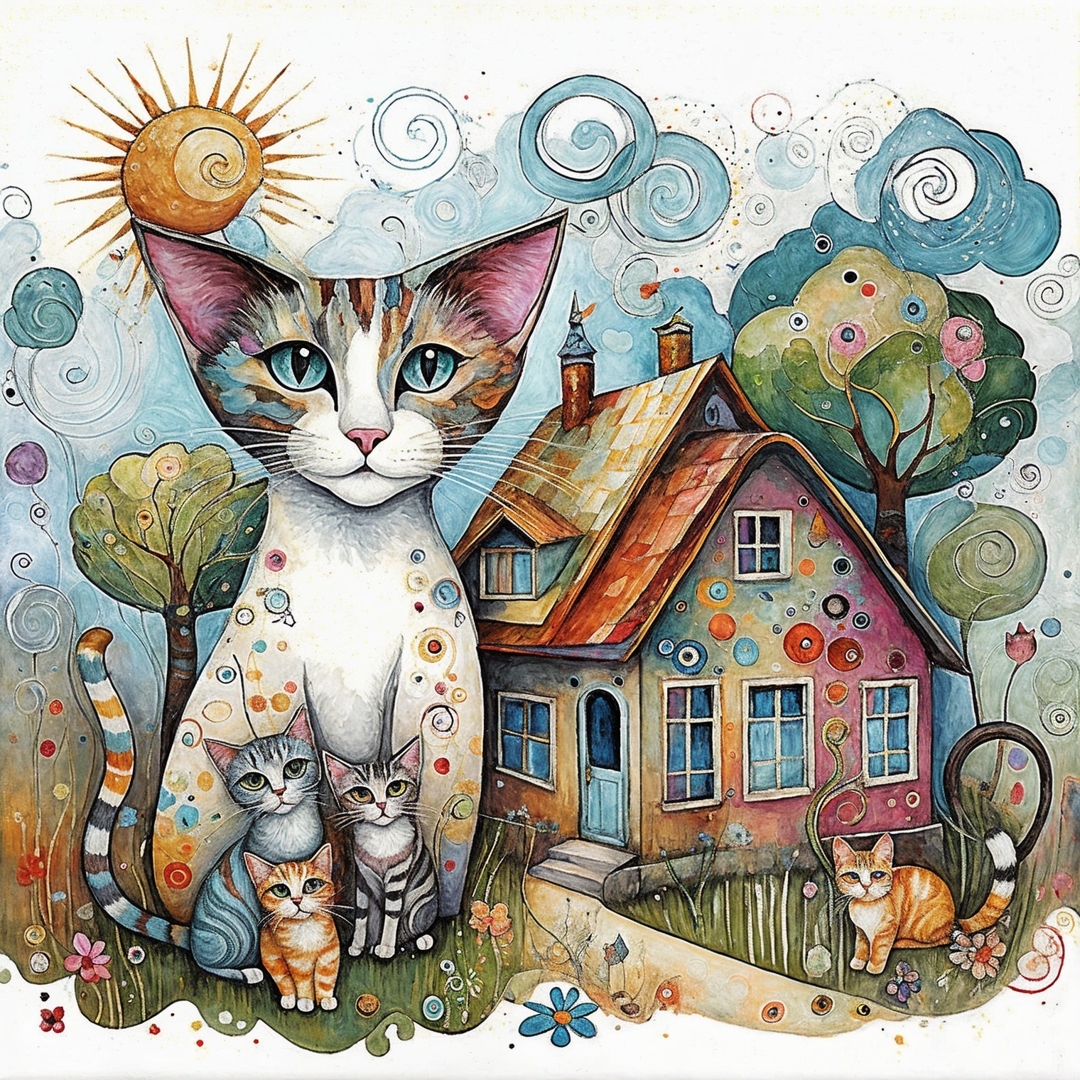Whimsical Cat Illustration with Colorful Surroundings