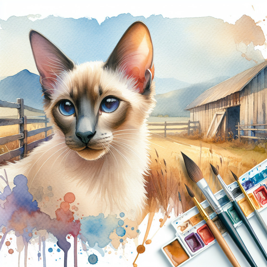 Watercolor Illustration of Siamese Cat on Farm