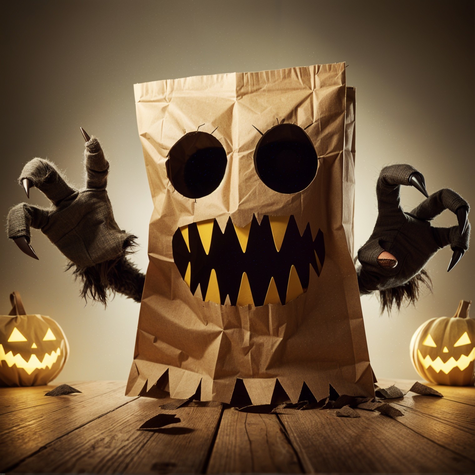 Playful Monster in Brown Bag with Halloween Setting