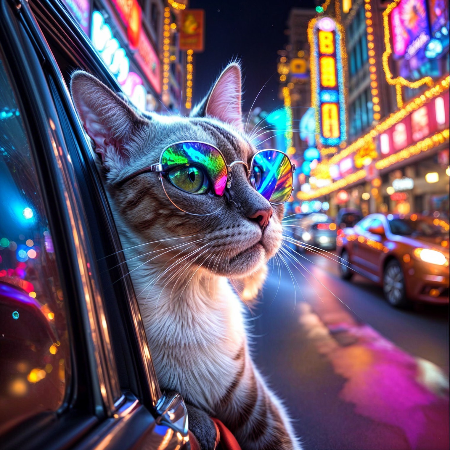 Cat in Sunglasses in Neon City Night Scene