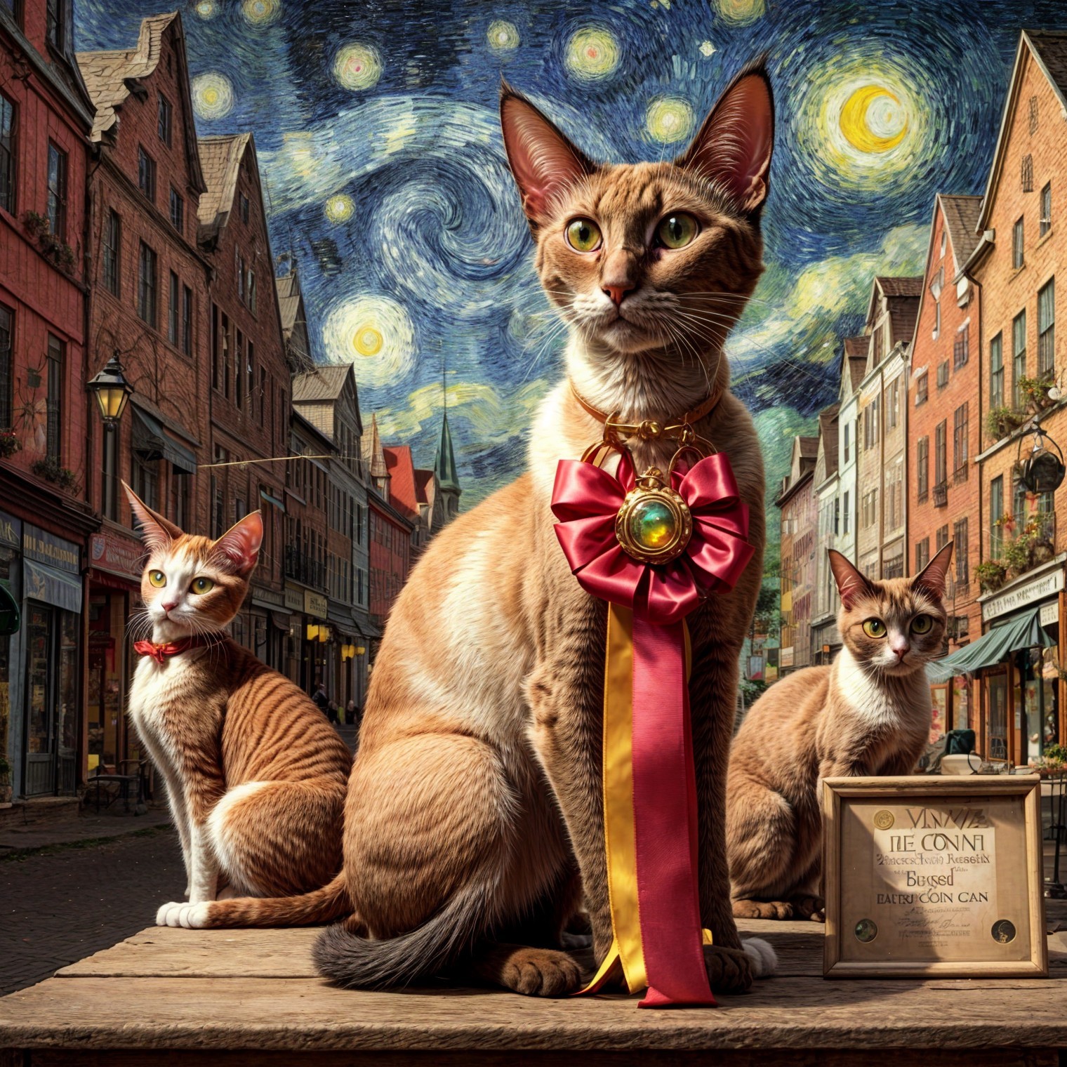 Regal Cats on Platform Under Starry Night Sky