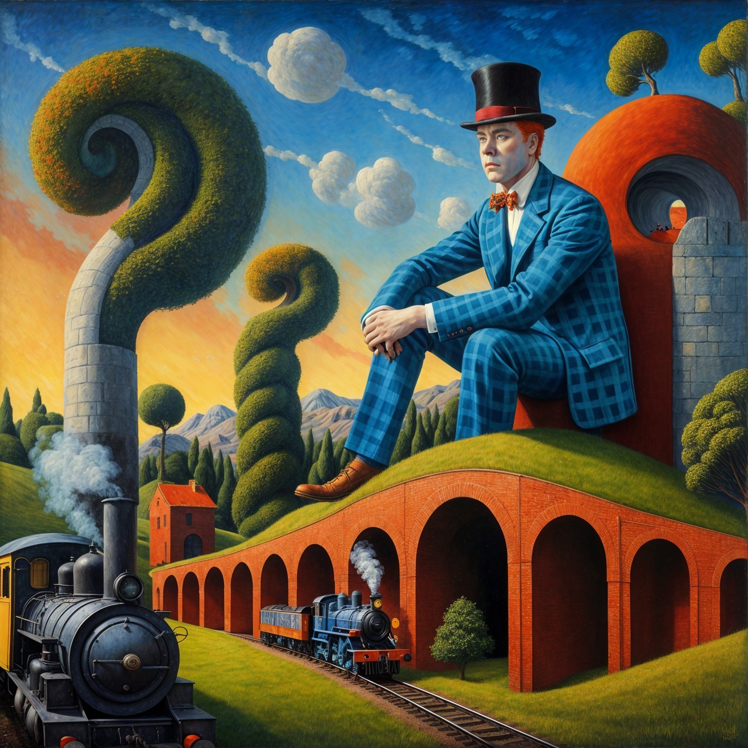 Surreal Landscape with Man in Blue Suit on Orange Structure