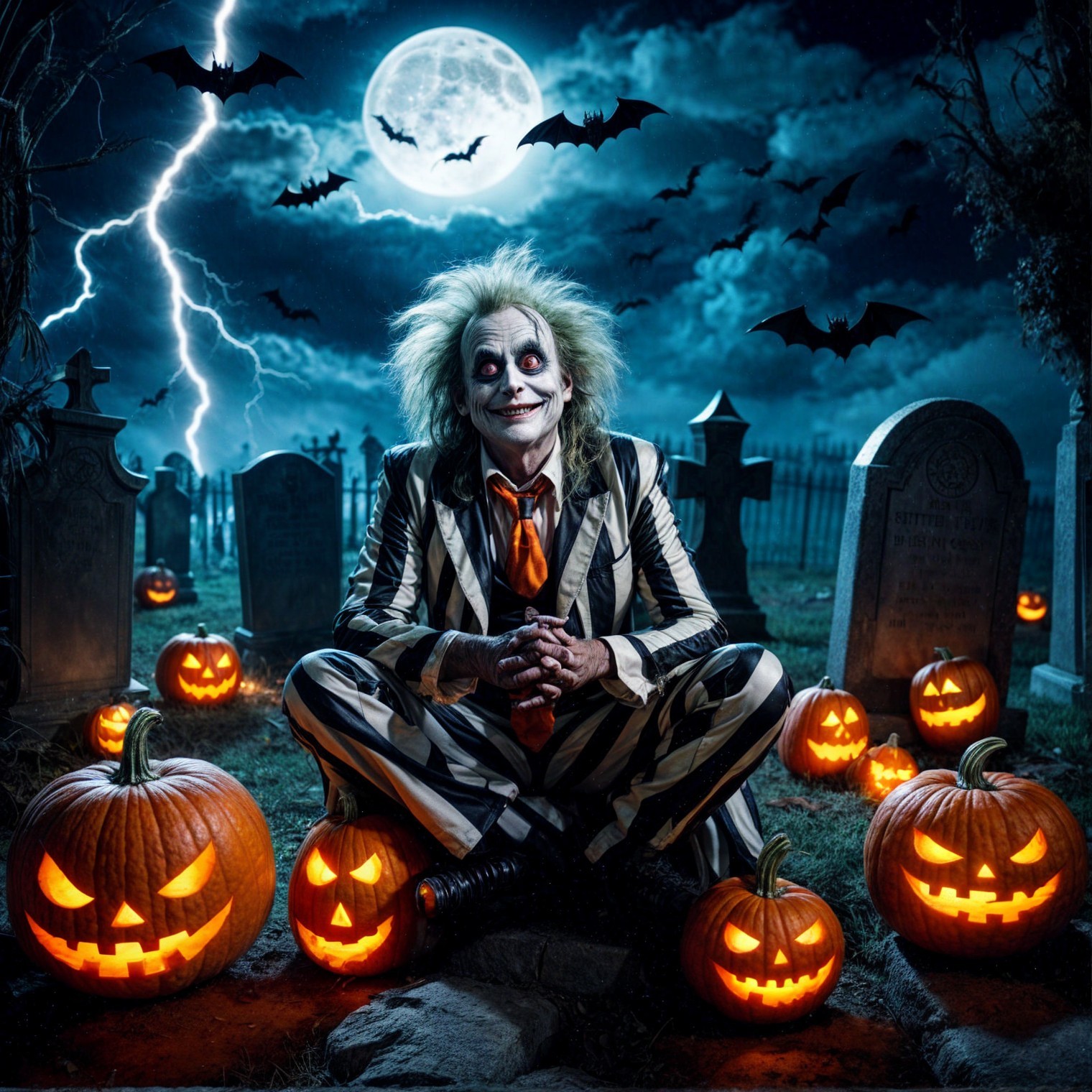 Whimsical Spooky Scene in a Graveyard with Jack-o'-lanterns