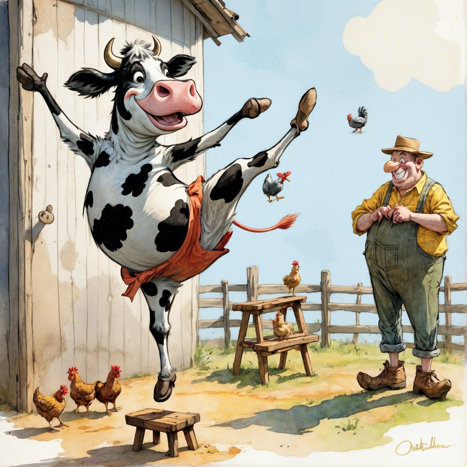 Cartoon Cow Dancing in Rustic Farm Setting