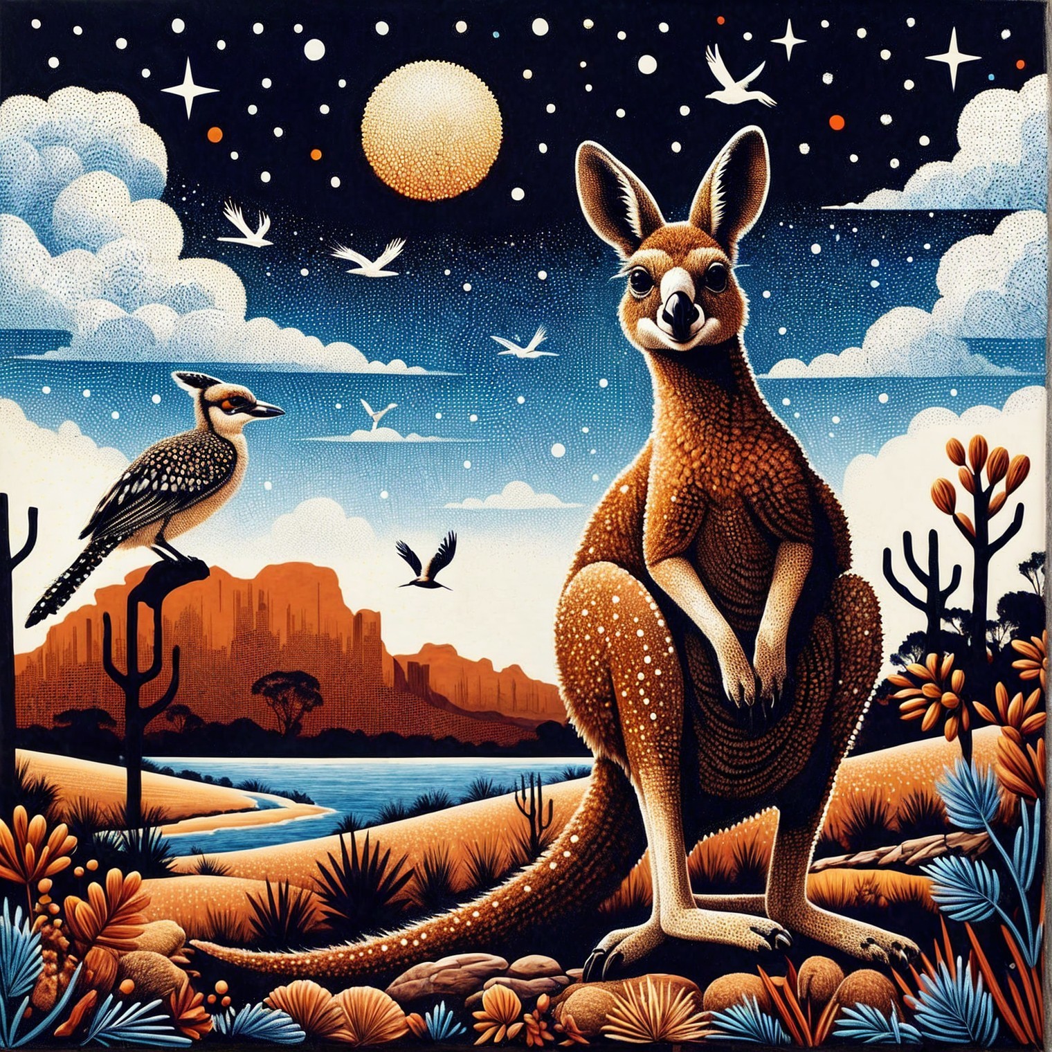 Kangaroo and Woodpecker in a Starry Night Landscape