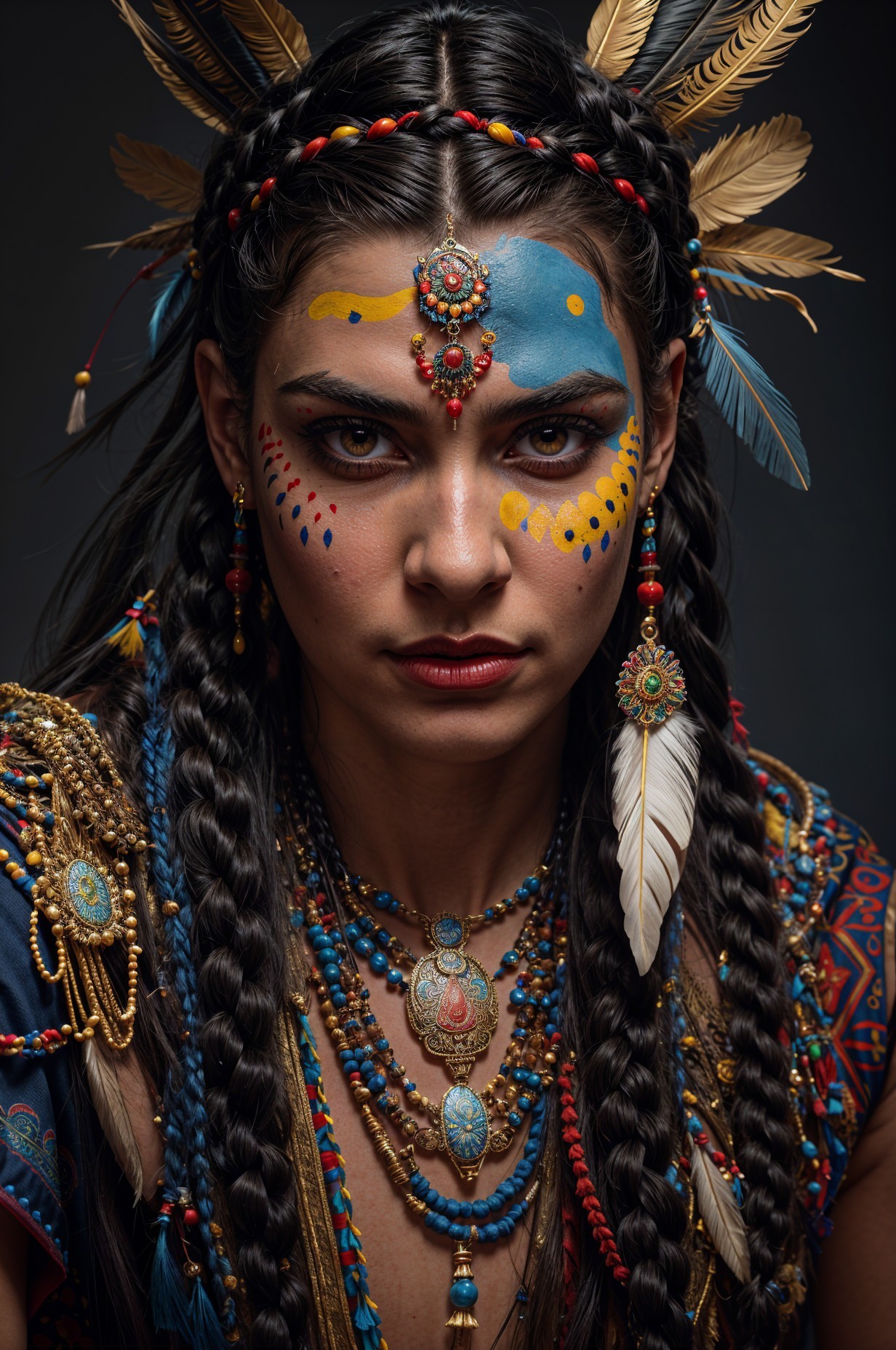 Portrait of a woman in vibrant tribal attire and jewelry