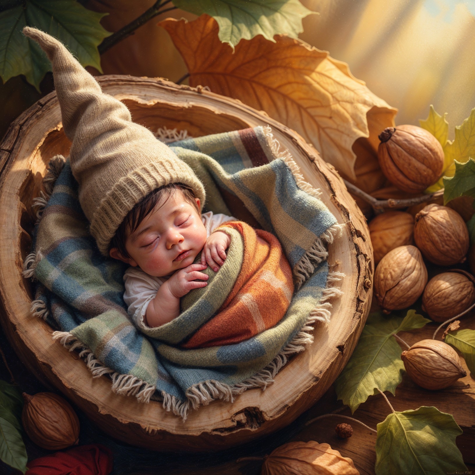 Sleeping Baby in Colorful Blanket Surrounded by Leaves
