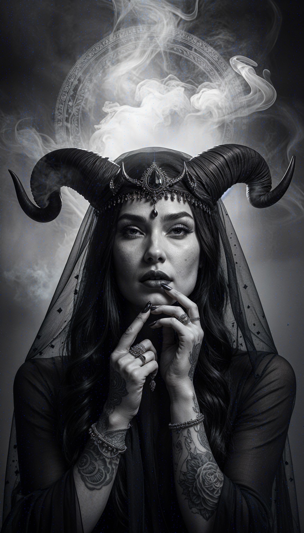 Mystical woman in dark fabric with ornate headdress