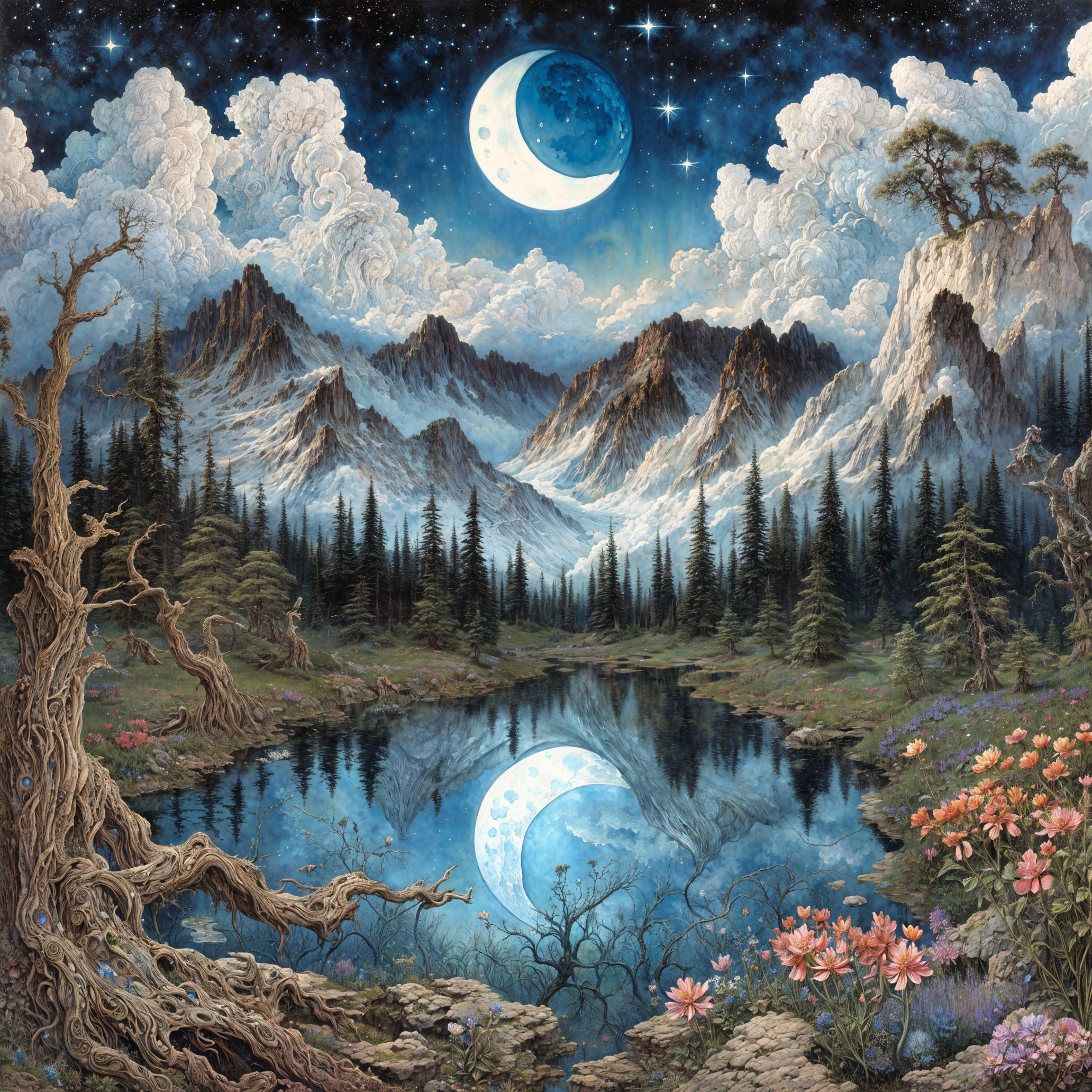 Majestic Mountains and Starry Sky Over Tranquil Lake